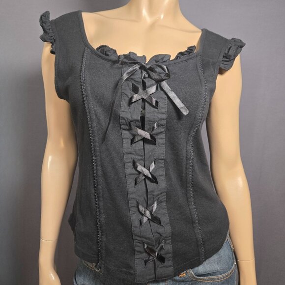 Y2K Black Lace Up Corset Milkmaid Top size M Fairy Goth Grunge Vampy Witchy - Picture 1 of 9